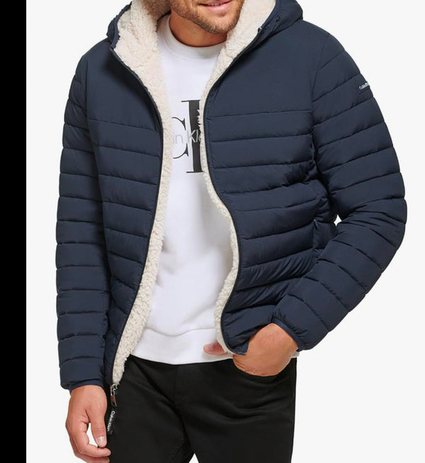 Calvin Klein Men's Hooded Down Jacket, Quilted Coat, Sherpa Lined